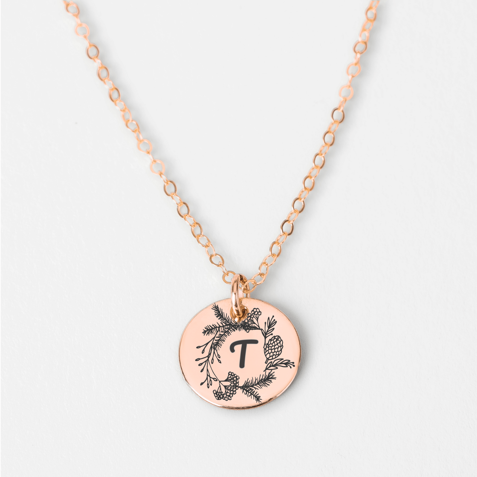Pine Wreath Initial Necklace | Personalized Engraved Round Disc Monogram Necklace in Silver, Gold, or Rose Gold | Custom Gift for Her
