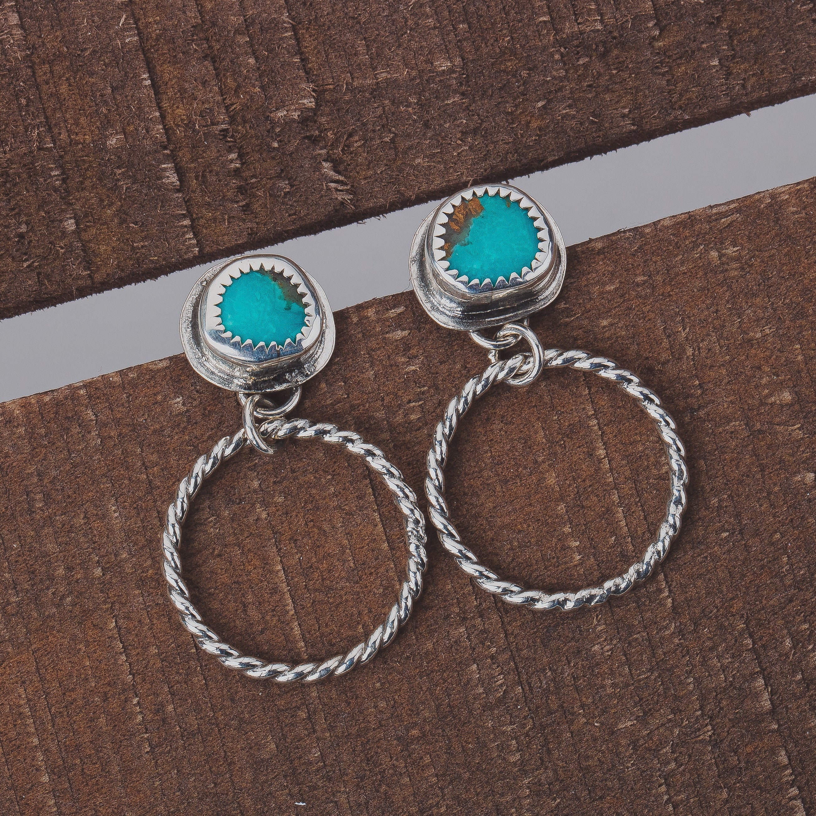 Lilah Earrings | Blue Kingman Turquoise Earrings With Twisted Rope Hoops & Threaded Screw On Posts | Big 925 Sterling Silver Boho Stud Post