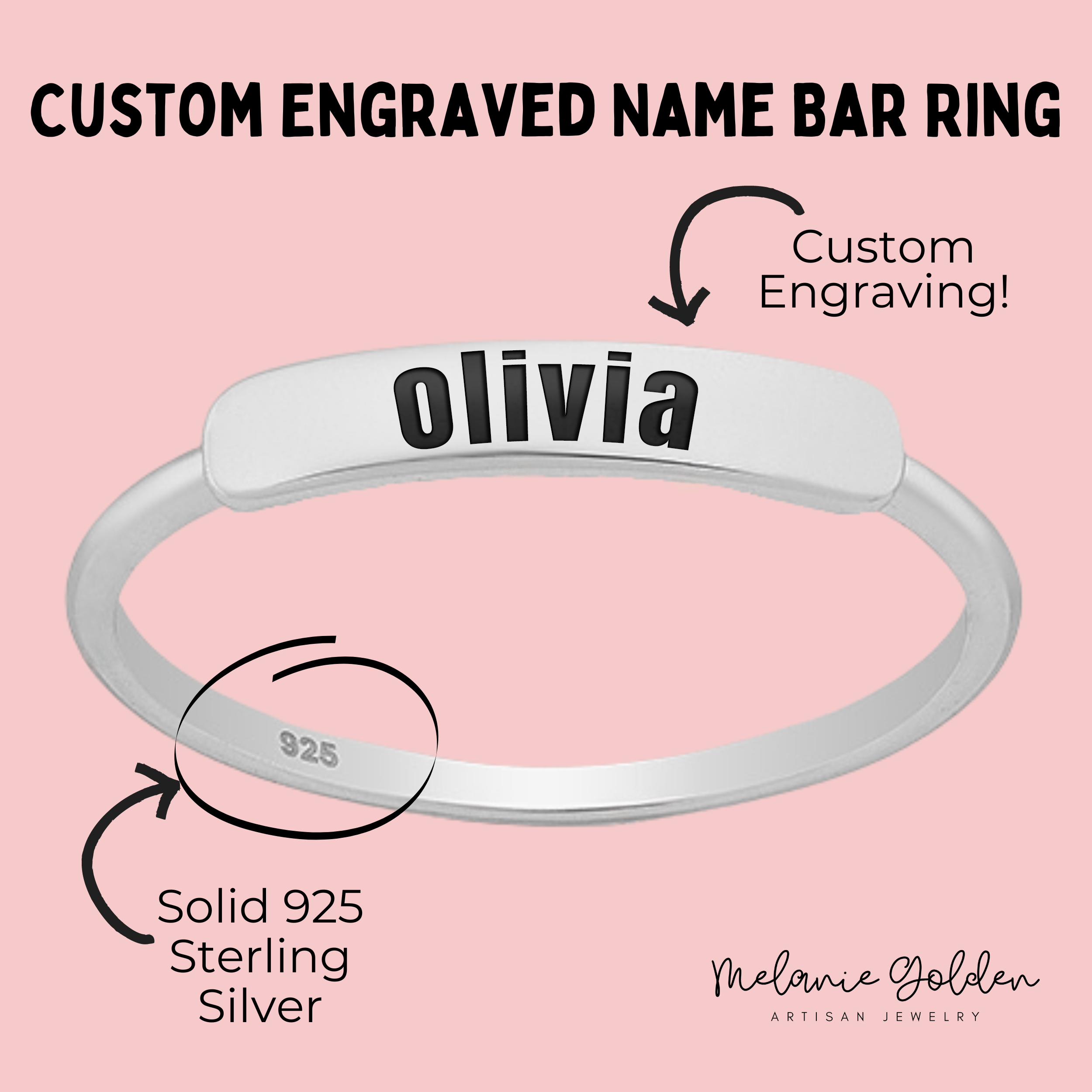 Personalized Name Bar Ring | Sterling Silver Custom Name Ring Band | Comfort Fit USA Sizes 5-9