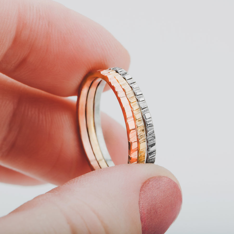 Rugged Stacking Rings | Sterling Silver Lined Striped Rugged Hammered Stacking Rings Stackable Stack Skinny Thin Ring Bands | USA Sizes 2-12