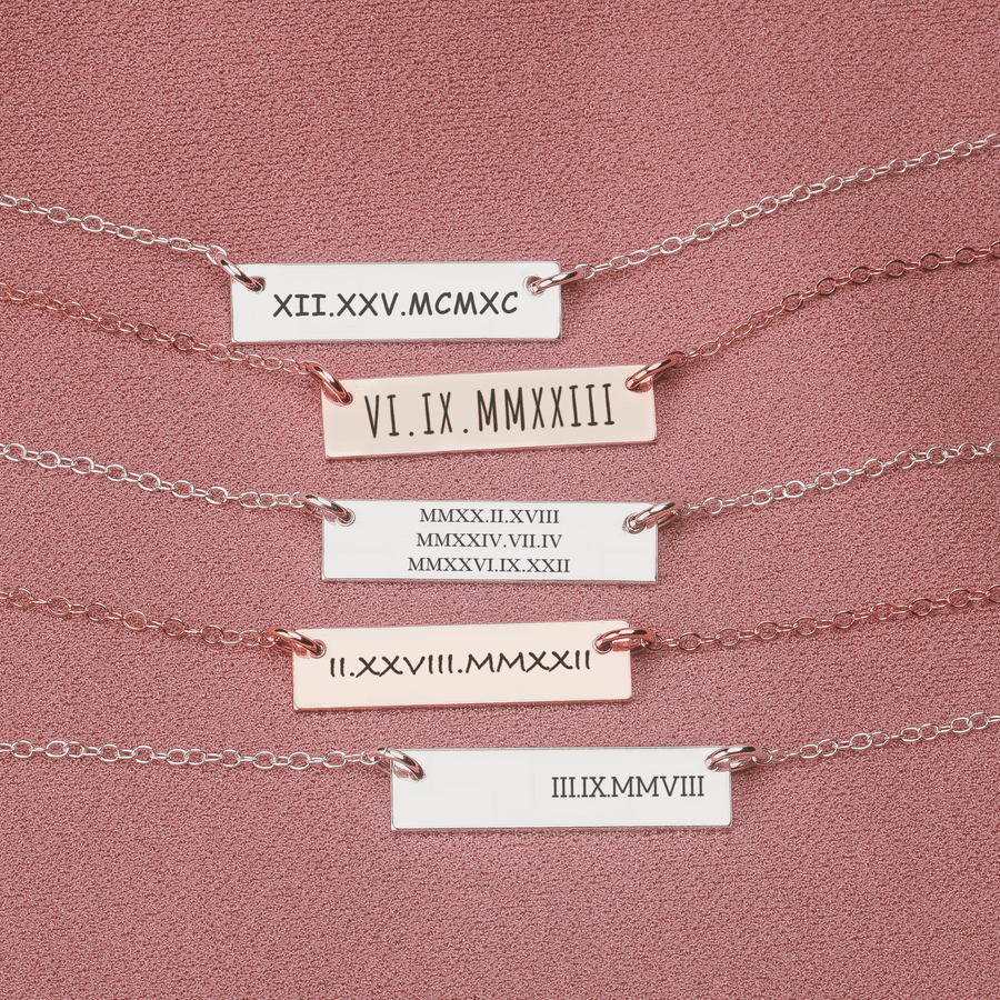 Personalized Roman Numerals Bar Necklace | Custom Engraved Skinny Number Date Bar Necklace in Silver, Gold, or Rose Gold | Gift for Her