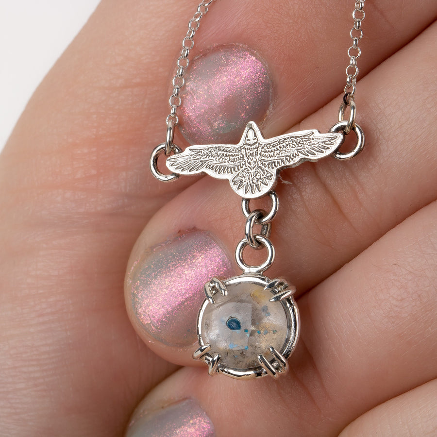 Raven Necklace With Super Rare Medusa Quartz Gemstone In Sterling Silver | Small Aqua Teal Blue Flying Fly Bird Thunderbird Pendant Charm