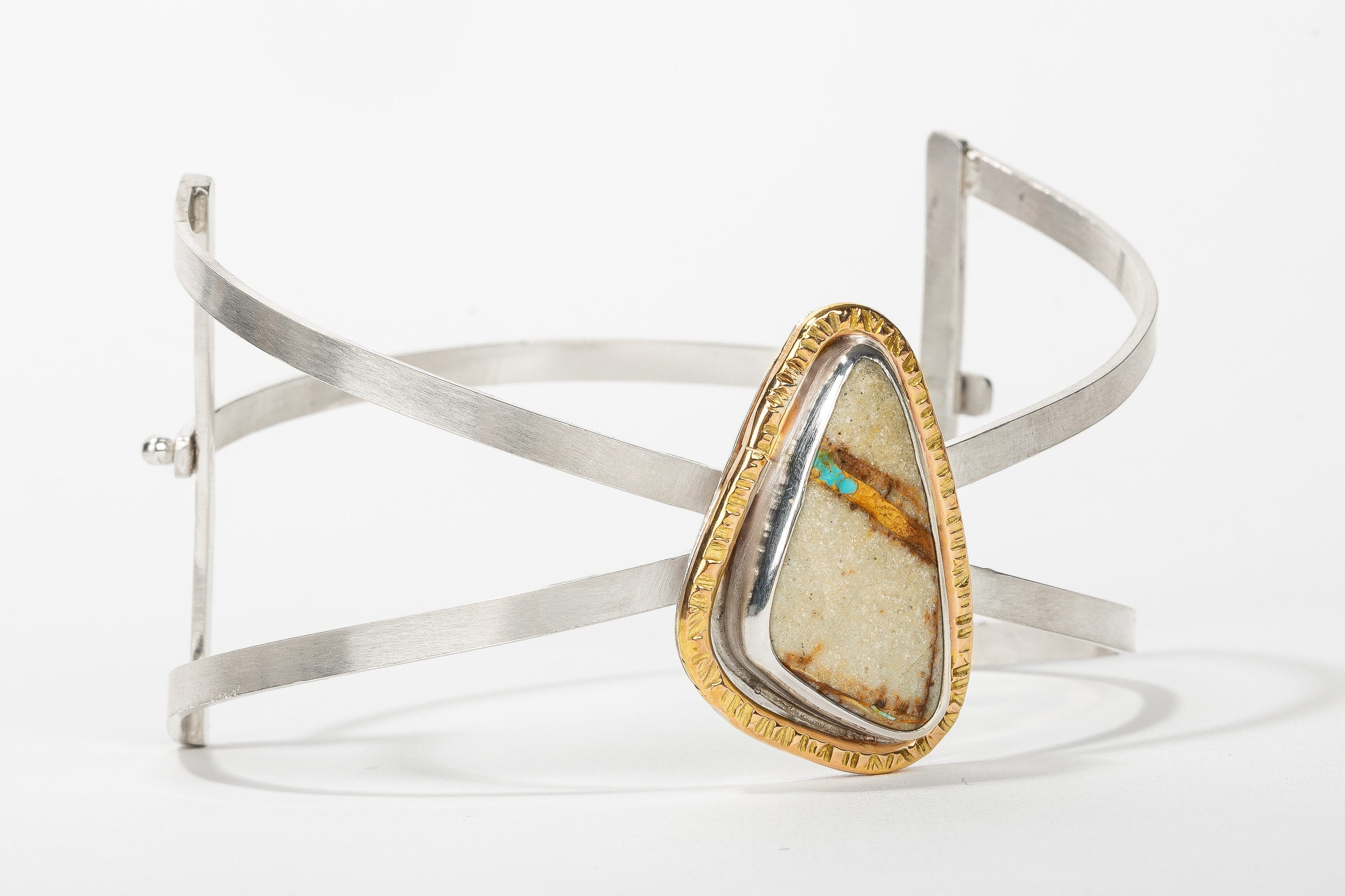 Royston Ribbon Turquoise Cuff Bracelet | Mixed Metal Aqua Blue Triangle Gemstone Cuff With Safety Latch | Boho Bohemian Jewelry