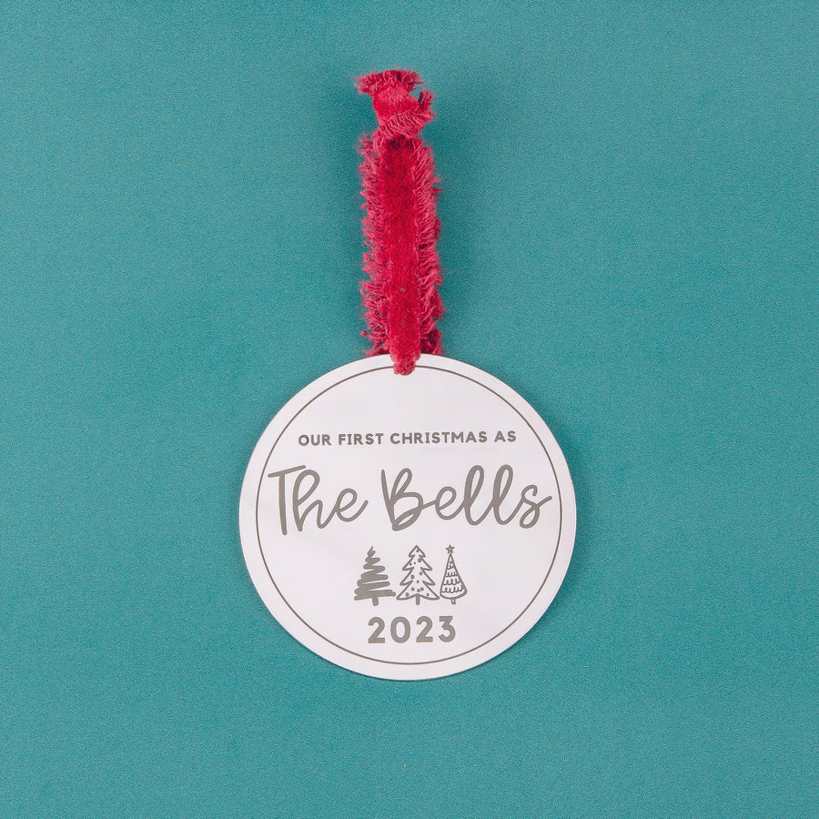 Newlyweds Christmas Ornament | Personalized Gift for Married Couples | Custom Family Name & Year Holiday Decor | Modern Stainless Steel