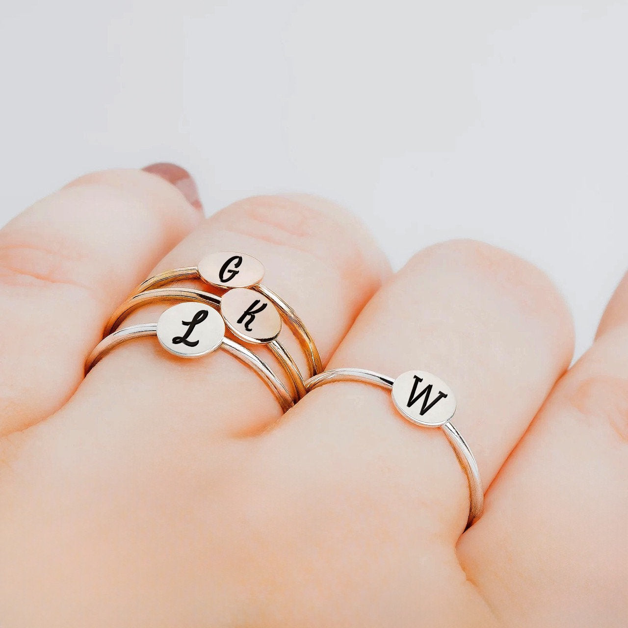 Initial or Symbol Stacking Signet Ring Band | Personalized Stackable Circle Disc Letter Ring in Silver, Gold, or Rose | Family Monogram Gift