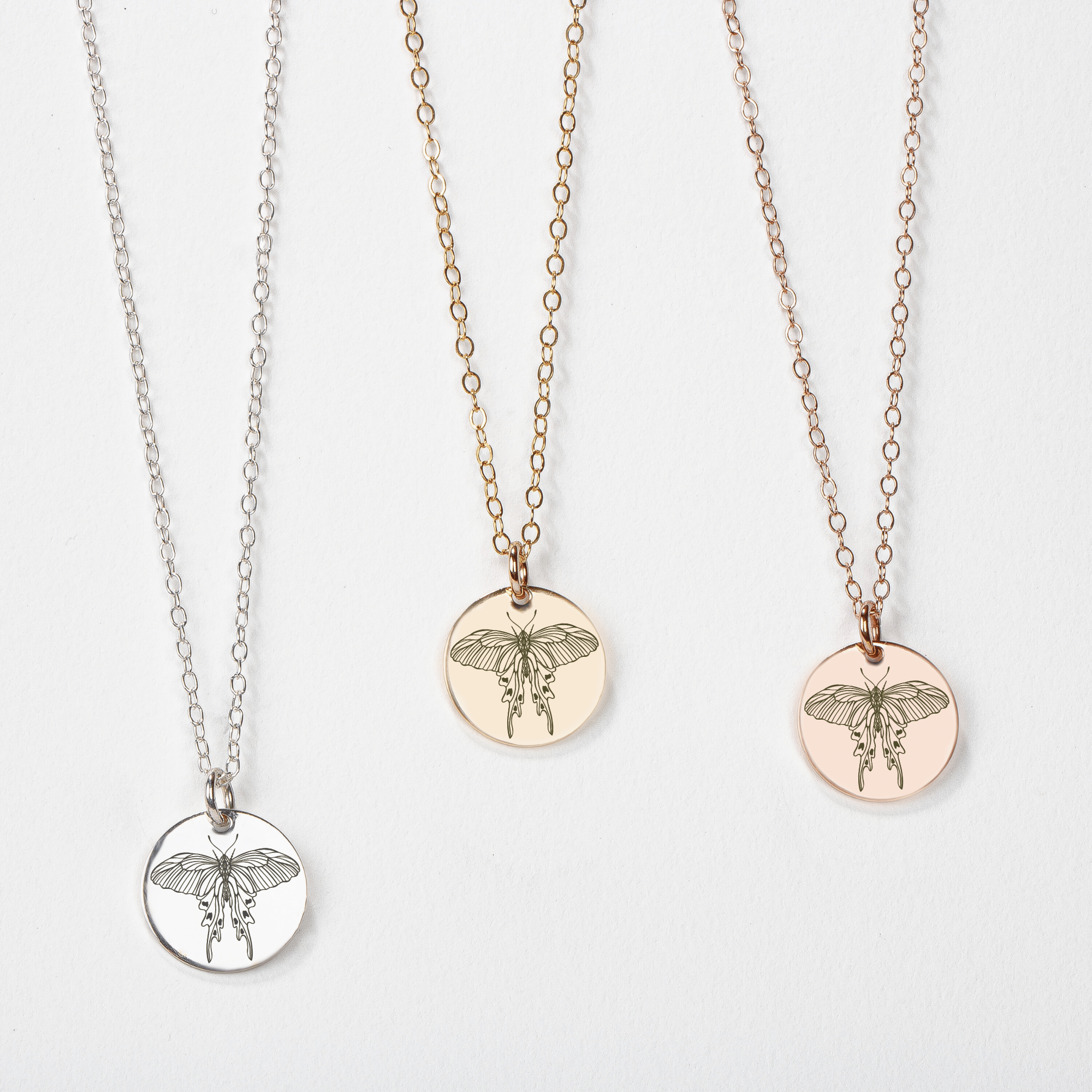 Luna Moth Disc Necklace | Engraved Disc Necklace in Silver, Gold, or Rose Gold | Boho Bohemian Hippy Gypsy Insect Bug Jewelry for Women