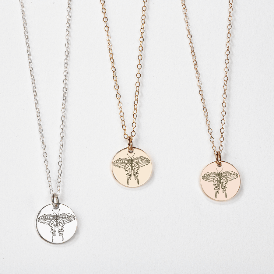 Luna Moth Disc Necklace | Engraved Disc Necklace in Silver, Gold, or Rose Gold | Boho Bohemian Hippy Gypsy Insect Bug Jewelry for Women