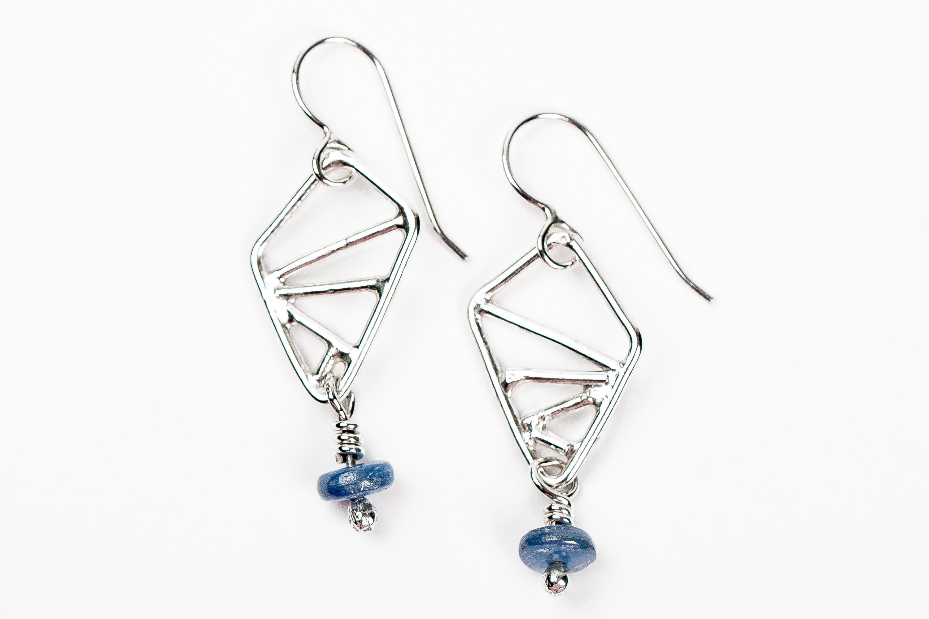 Sterling Silver Geometric Drop Earrings With Blue Kyanite Gemstones | Small Triangular Diamond Dark Blue Minimal Geo Dangle Drop Earrings