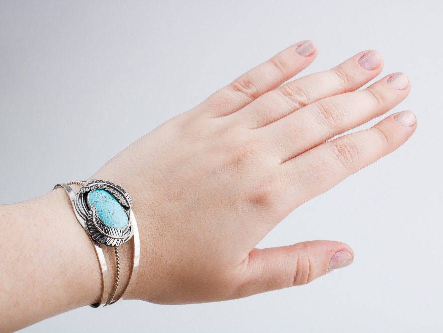 Blue Ridge Lightning Turquoise Cuff Bracelet With Feathers | Huge One Of A Kind Sterling Silver Aqua Blue Bohemian Boho Indian Navajo Cuff