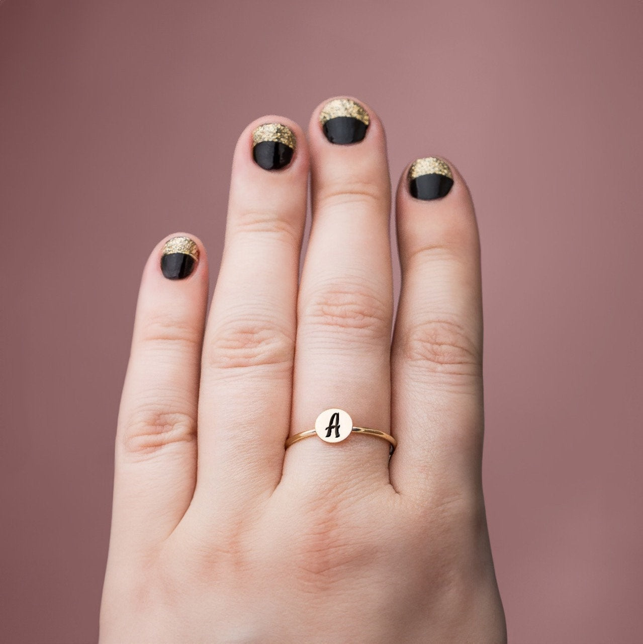 Initial or Symbol Stacking Signet Ring Band | Personalized Stackable Circle Disc Letter Ring in Silver, Gold, or Rose | Family Monogram Gift