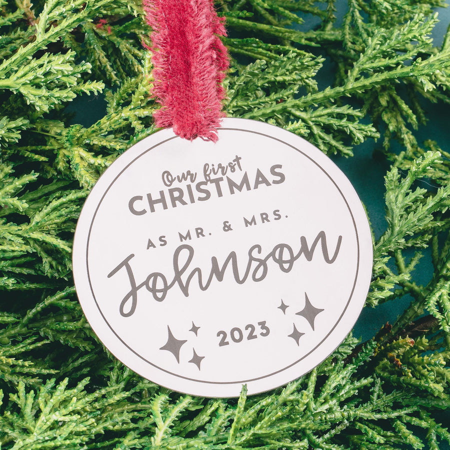 Christmas Tree Ornament | Our First Christmas as Mr & Mrs | Personalized Gift for Newlyweds and Couples | Modern Name and Date Holiday Decor