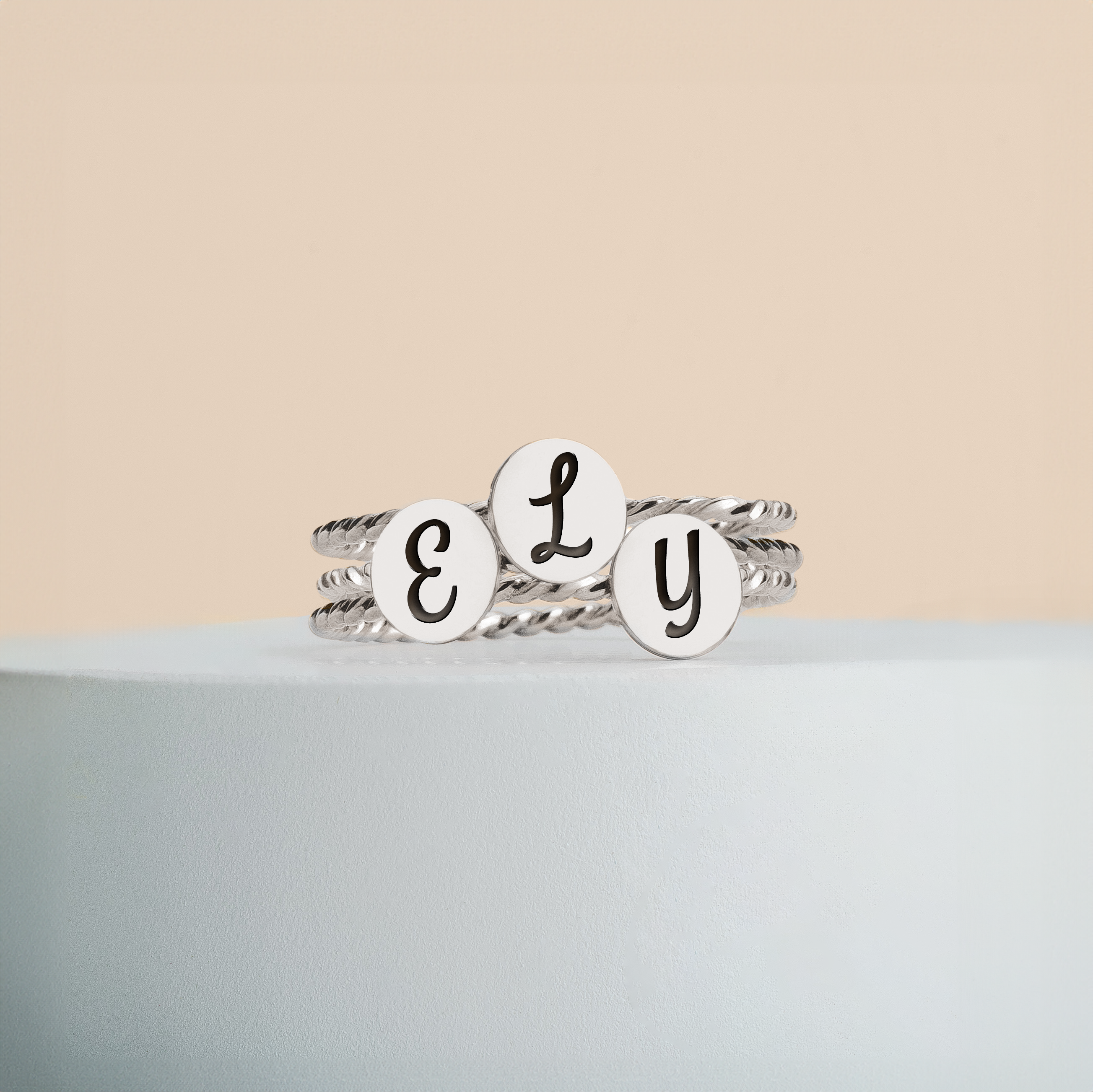 Initial Braided Rope Ring | Personalized Custom Letter Ring Band in Silver, Gold, Or Rose Gold | Family Signet Monogram Stackable Twist Ring