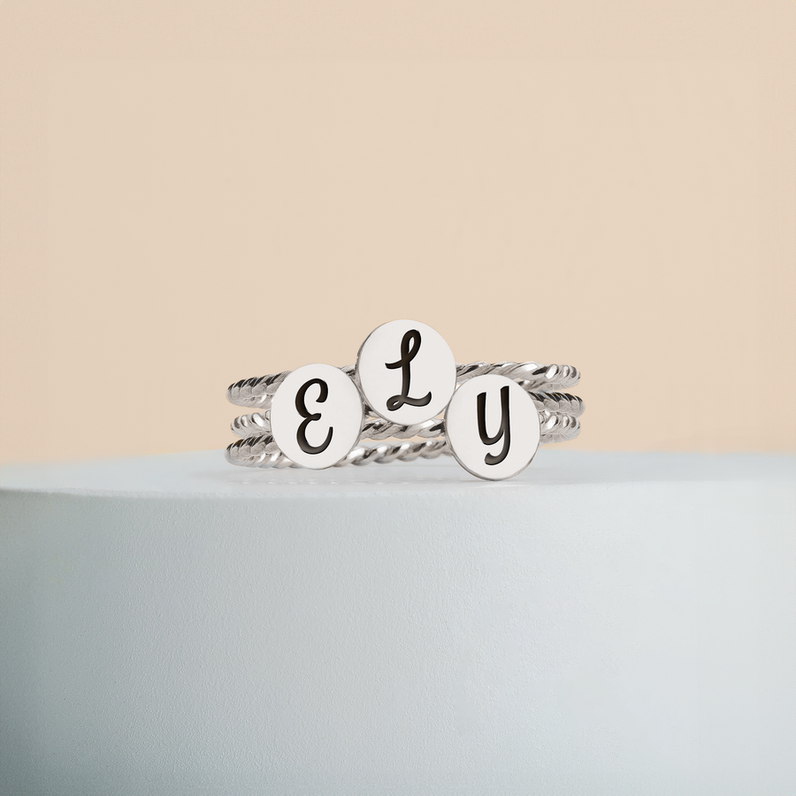 Initial Braided Rope Ring | Personalized Custom Letter Ring Band in Silver, Gold, Or Rose Gold | Family Signet Monogram Stackable Twist Ring