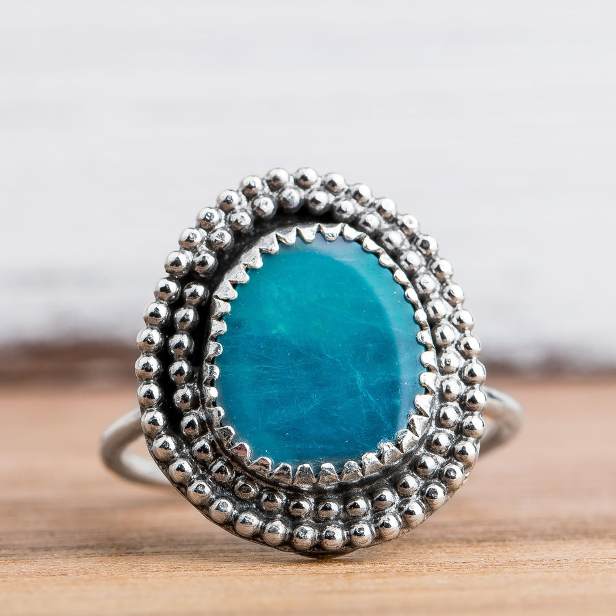 Size 6 Blue Boulder Opal Gemstone Ring In Sterling Silver With Beaded Border | Teal Aqua Blue Boho Bohemian Southwestern Solataire Ring