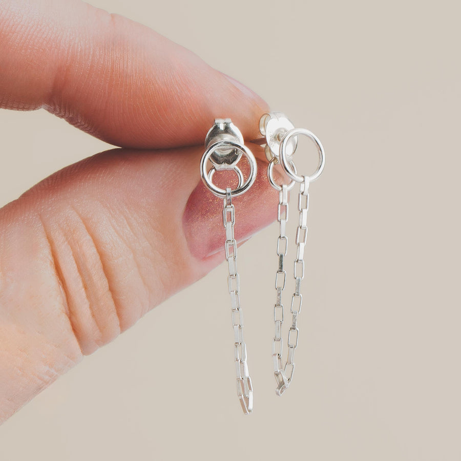 Chain Loop Earrings | Sterling Silver Circle Chain Cuff Post Stud Earrings | Minimalist Edgy Suspension Huggie Hoop Earrings