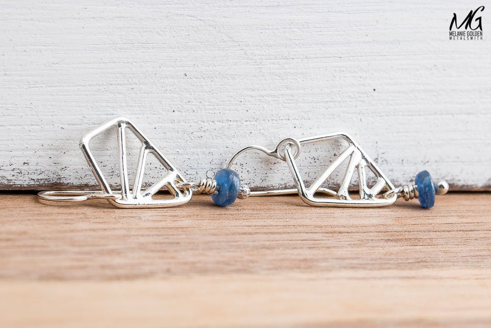 Sterling Silver Geometric Drop Earrings With Blue Kyanite Gemstones | Small Triangular Diamond Dark Blue Minimal Geo Dangle Drop Earrings
