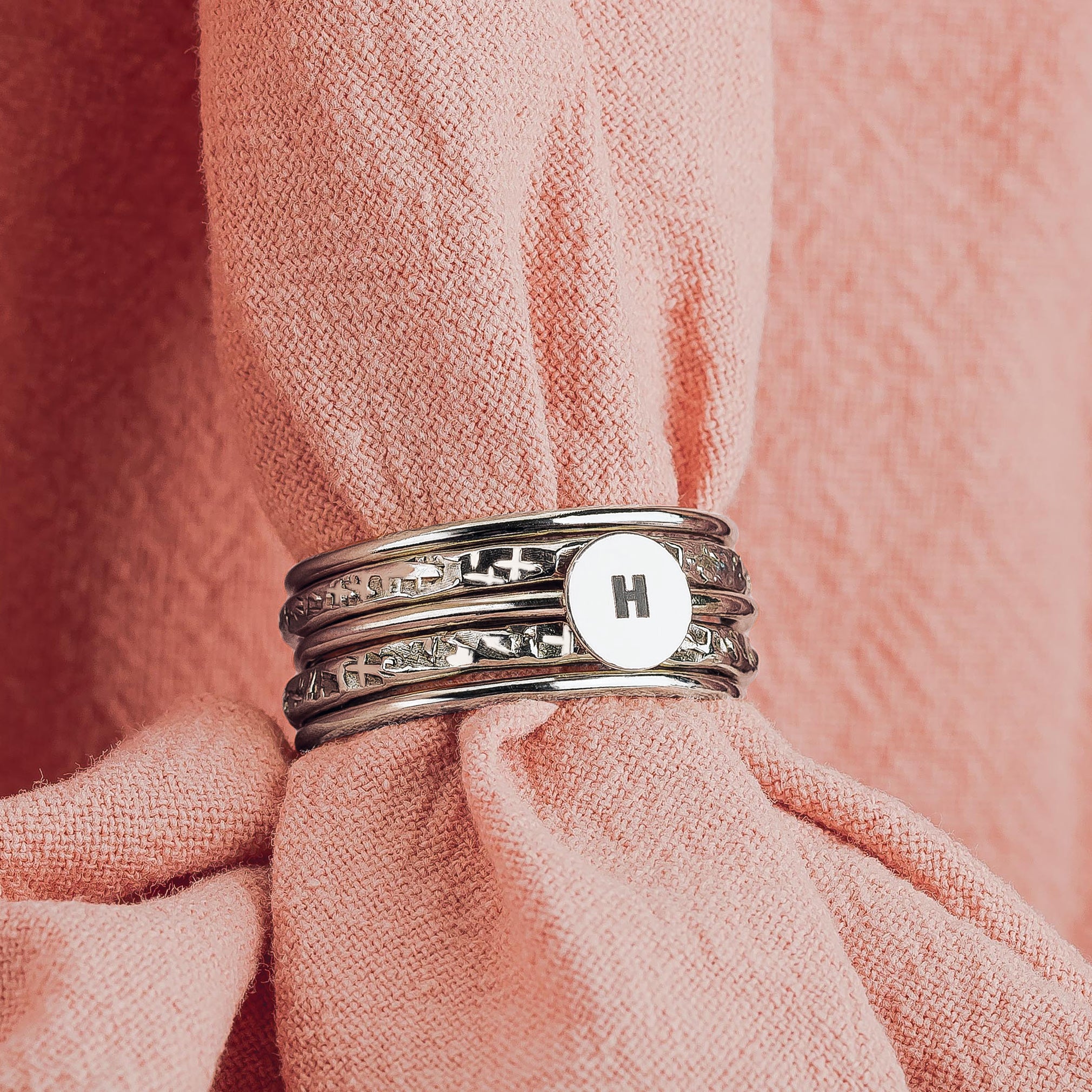 Initial Stacking Rings Set Of 5 In Gold, Silver, Or Rose Gold | Personalized Custom Letter Monogram Stackable Stack Stacking Family Ring