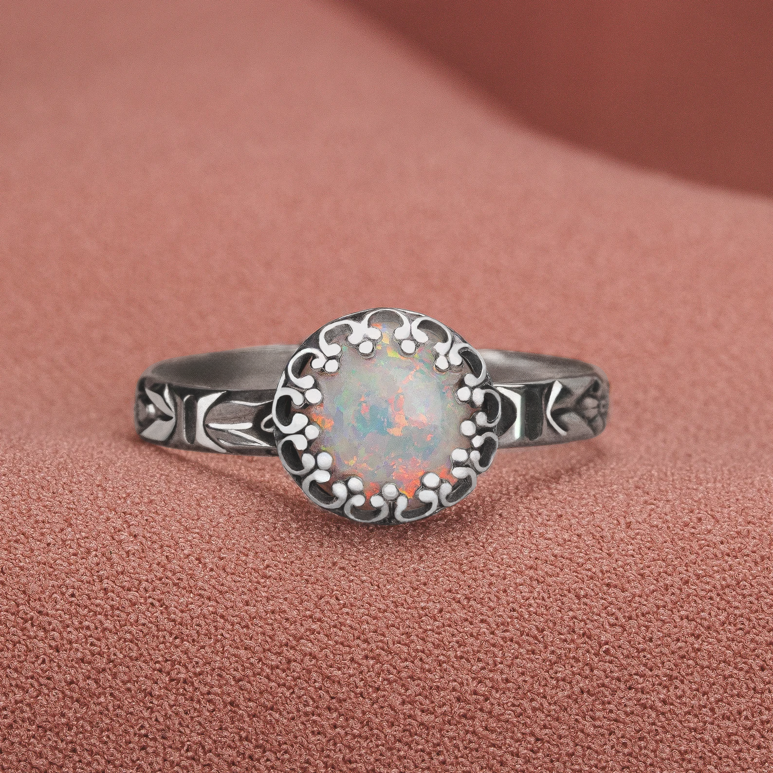Opal Ring | Floral Flashy Colorful Multicolored Opal Solitaire Ring in Sterling Silver | October Birthstone Ring for Women and Girls | USA Sizes 4-12