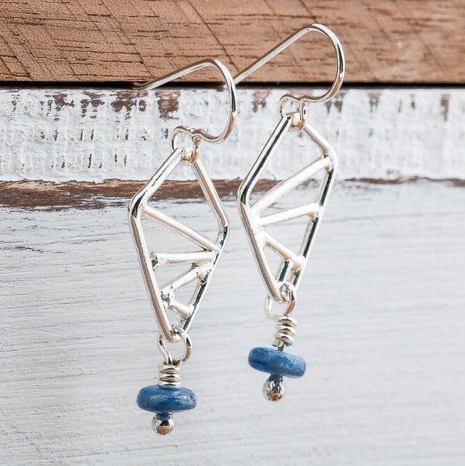 Sterling Silver Geometric Drop Earrings With Blue Kyanite Gemstones | Small Triangular Diamond Dark Blue Minimal Geo Dangle Drop Earrings