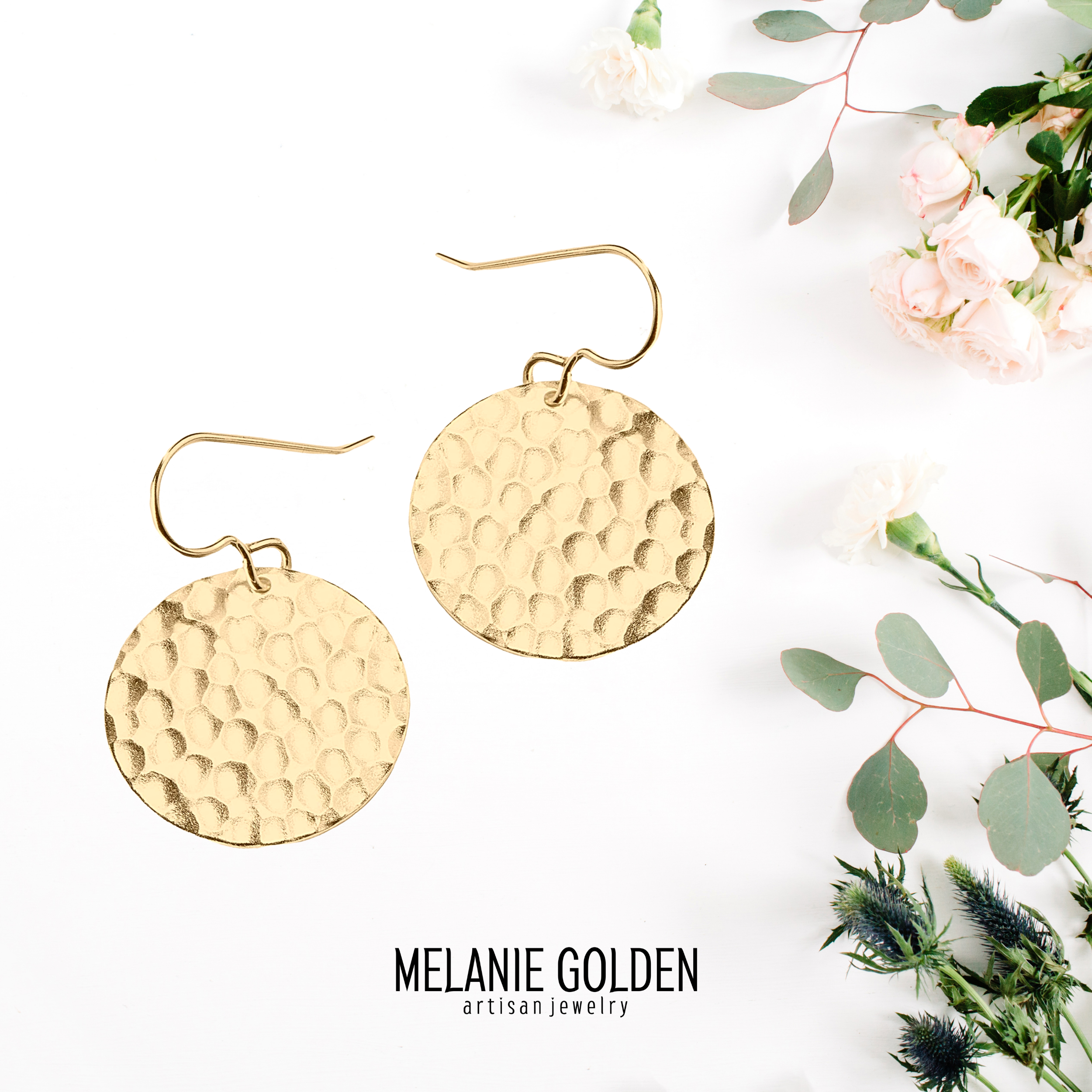 Gold Hammered Disc Dangle Earrings - Melanie Golden Jewelry - dangle earrings, earrings