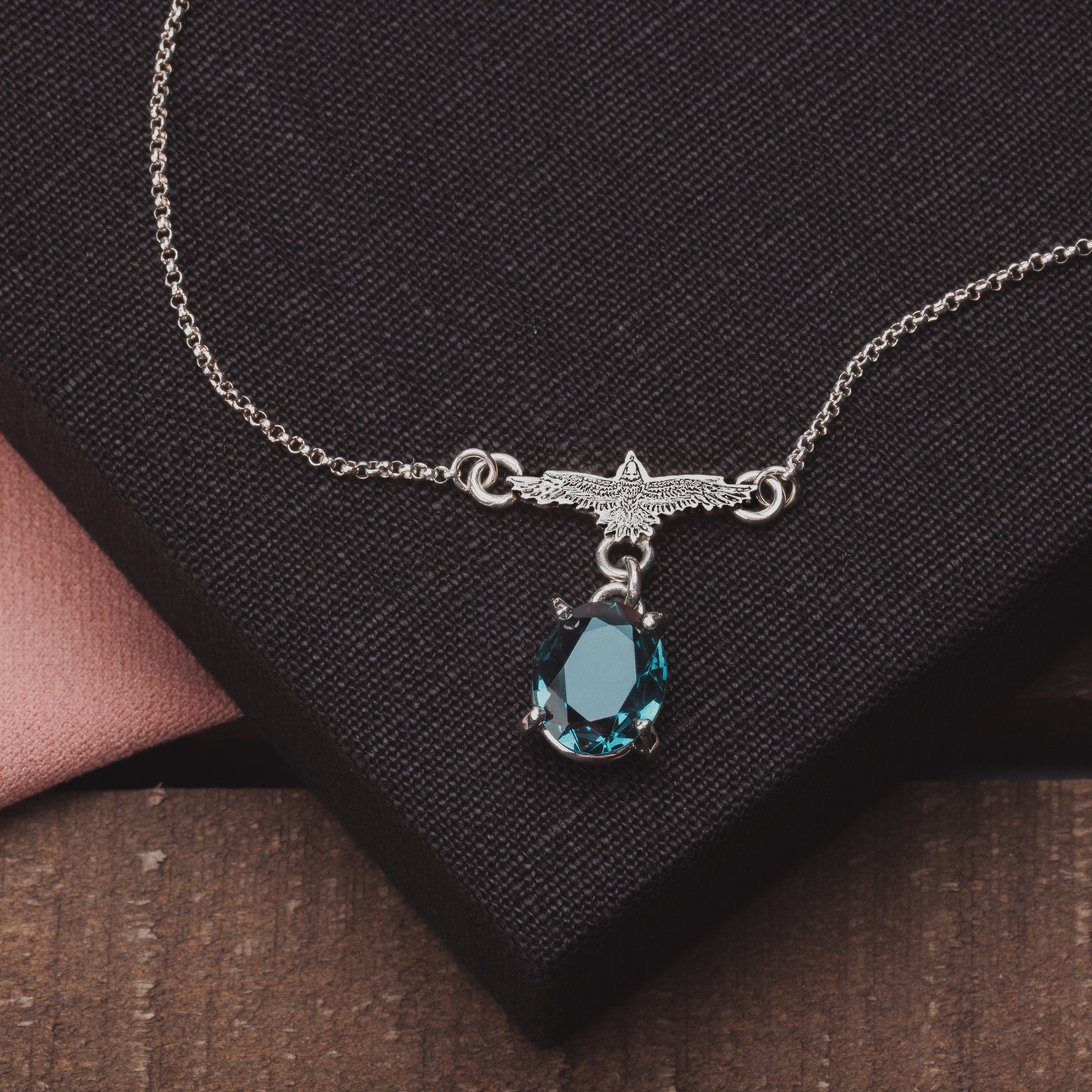 Raven Necklace With Faceted Teal Blue Topaz Gemstone In Sterling Silver | Small Aqua Teal Blue Flying Fly Bird Thunderbird Pendant