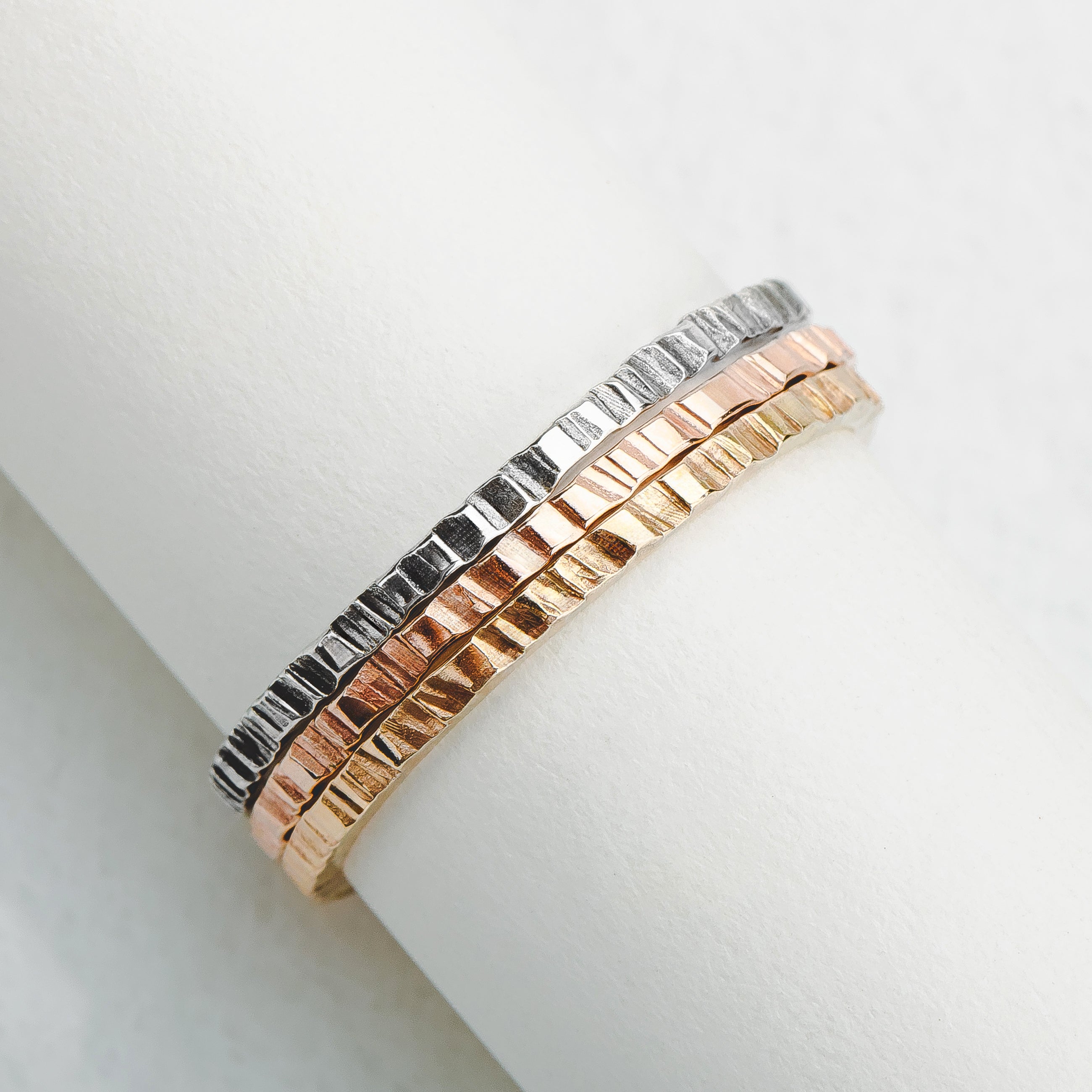 Rugged Trio | Set of 3 Mixed Metal Rugged Stacking Rings | Silver, Gold and Rose Gold | Lined Striped Hammered Stackable Stack Thin Bands