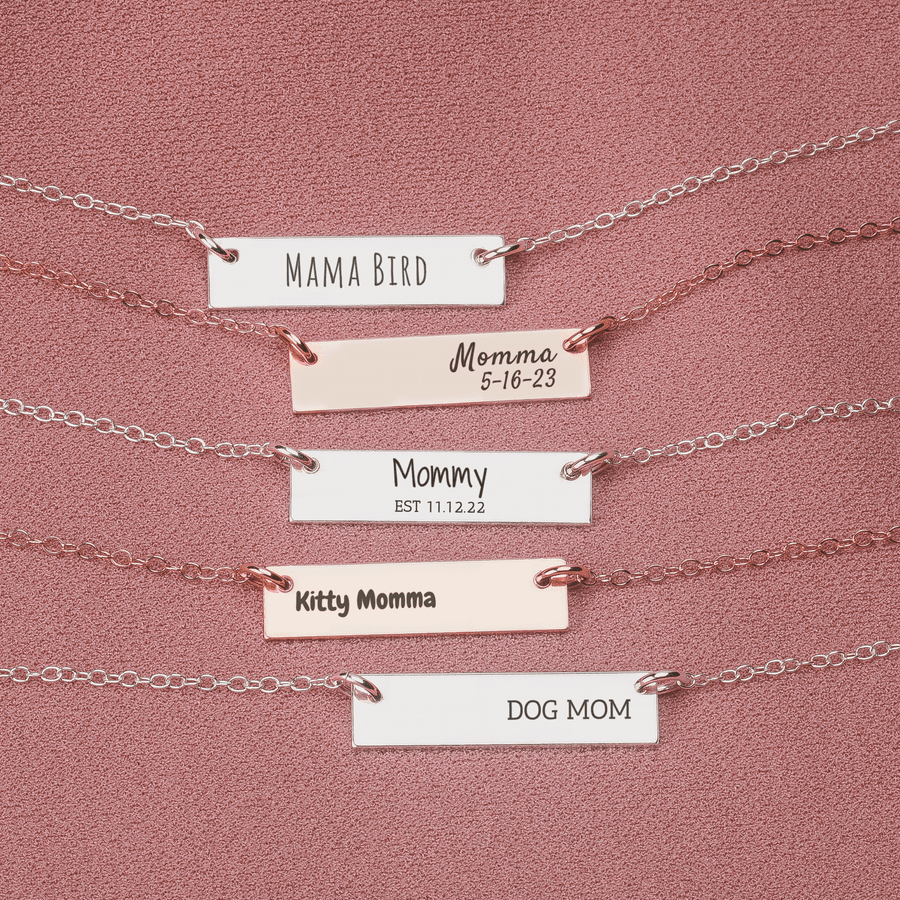 Personalized New Mom Necklace | Custom Engraved Skinny Mother Momma Bear Kids Names Bar Necklace in Silver, Gold, or Rose Gold | Mom Gift
