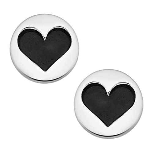 Heart Stud Earrings | Big Black & Silver Big Sterling Silver Heart Circle Disc Post Earrings For Women And Girls | Valentines Day Jewelry