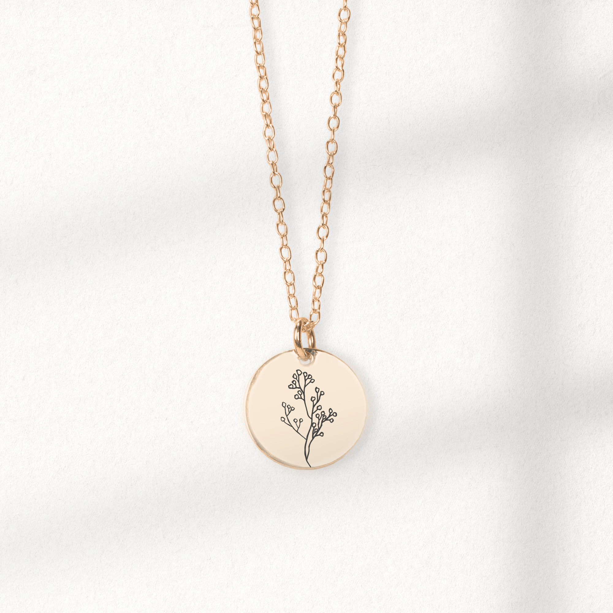 Baby's Breath Flowers Disc Necklace | Engraved Round Bohemian Necklace in Silver, Gold, or Rose Gold | Gift for Mom, Mothers, Friend, Plant Lover | Boho Jewelry