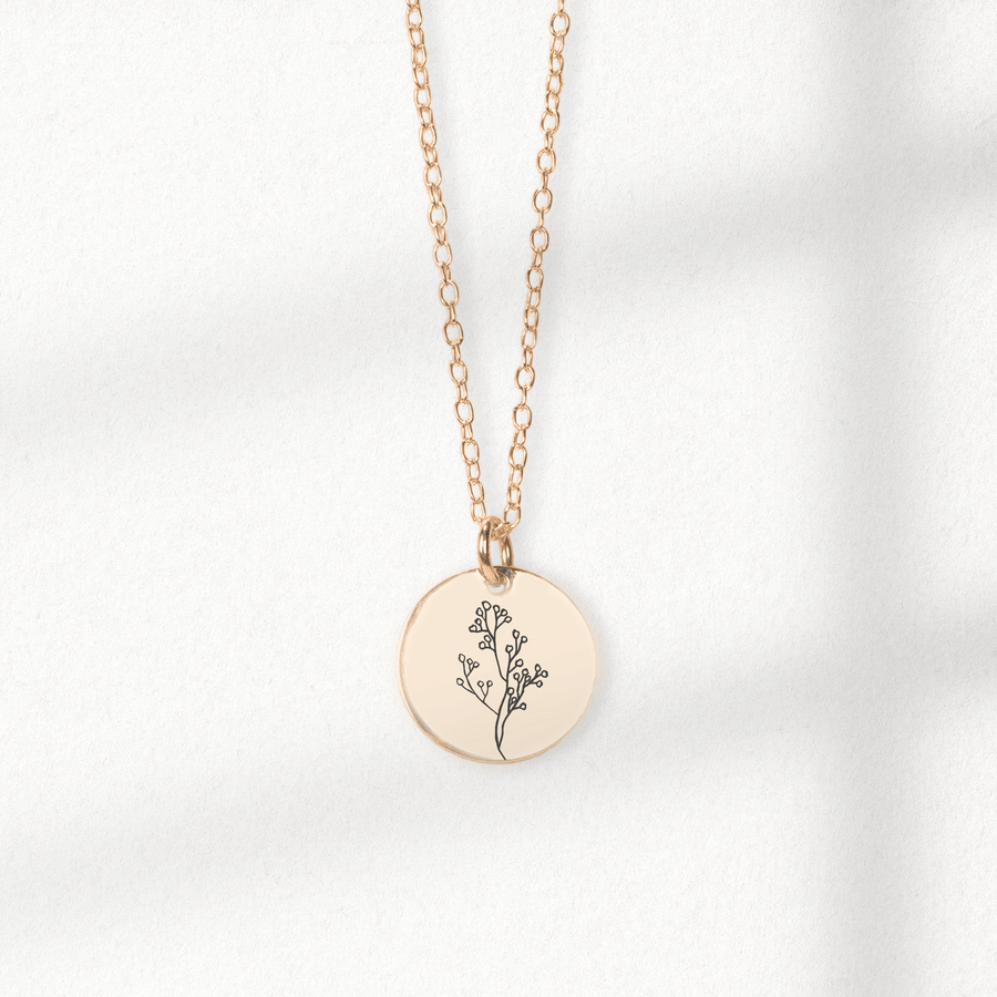 Baby's Breath Flowers Disc Necklace | Engraved Round Bohemian Necklace in Silver, Gold, or Rose Gold | Gift for Mom, Mothers, Friend, Plant Lover | Boho Jewelry
