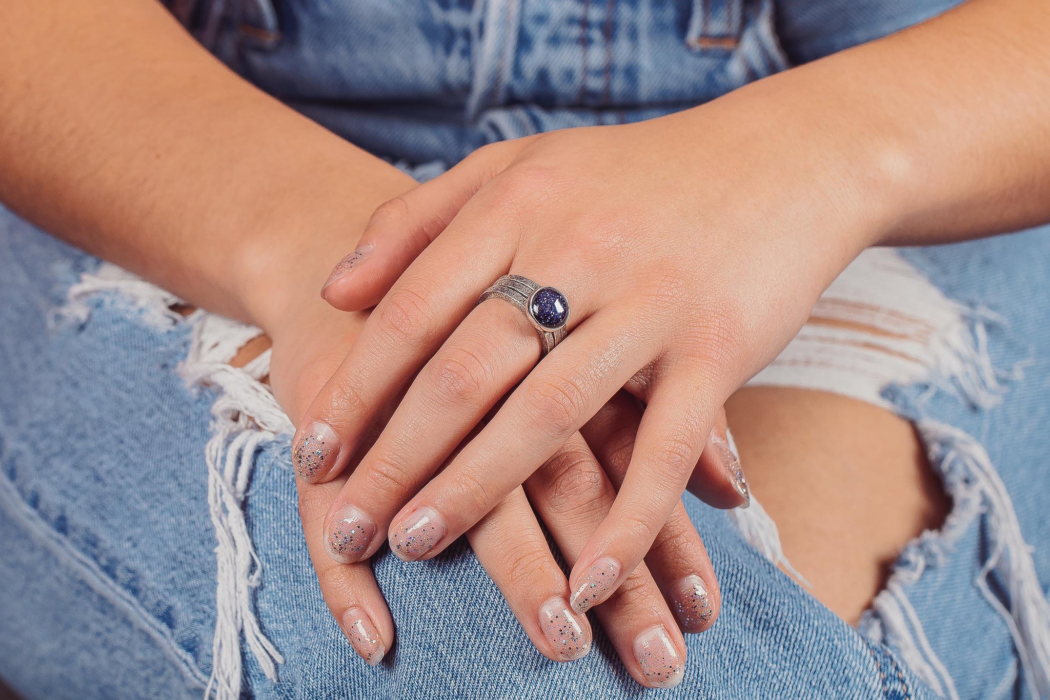 Night Sky Constellation Solitaire Ring with Paisley Pattern Band in Sterling Silver with Blue Goldstone | Star Galaxy Space Jewelry | Comfort Fit USA Sizes 4-12