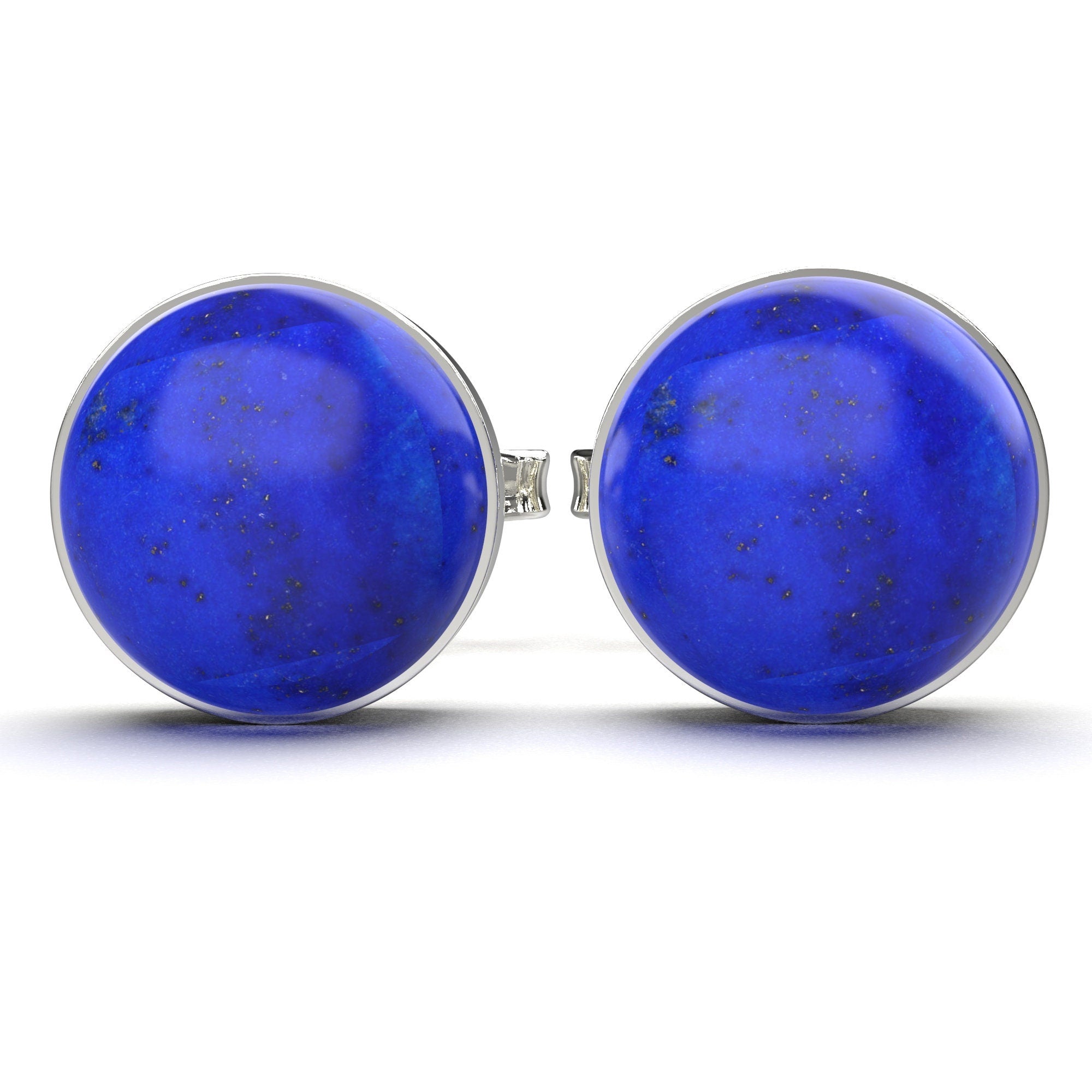 Lapis Lazuli Gemstone Stud Earrings | Sterling Silver Dark Denim Blue Round Circle Stone Post Earrings for Women or Men