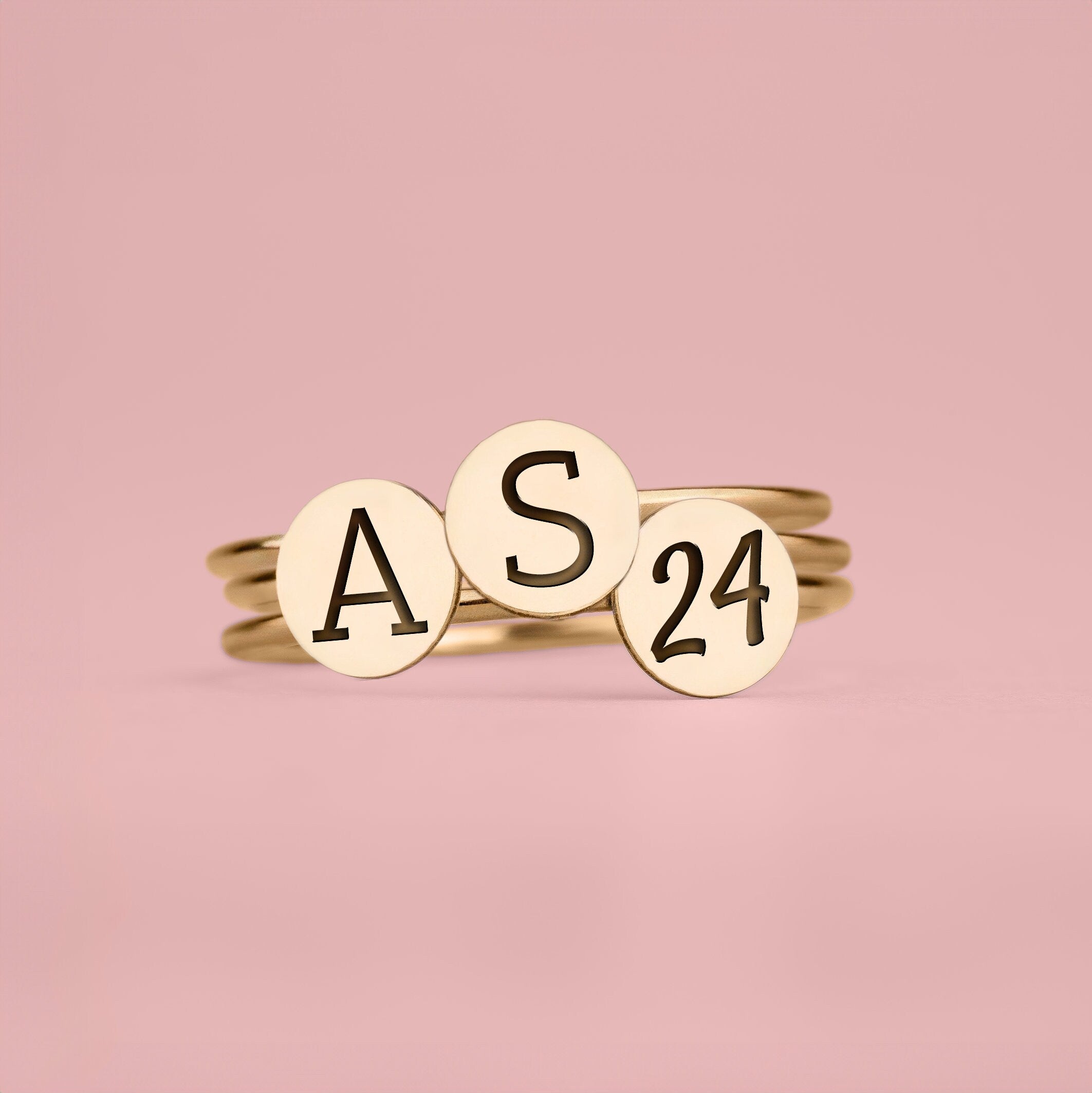 Initial or Symbol Stacking Signet Ring Band | Personalized Stackable Circle Disc Letter Ring in Silver, Gold, or Rose | Family Monogram Gift