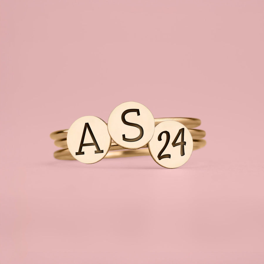 Initial or Symbol Stacking Signet Ring Band | Personalized Stackable Circle Disc Letter Ring in Silver, Gold, or Rose | Family Monogram Gift