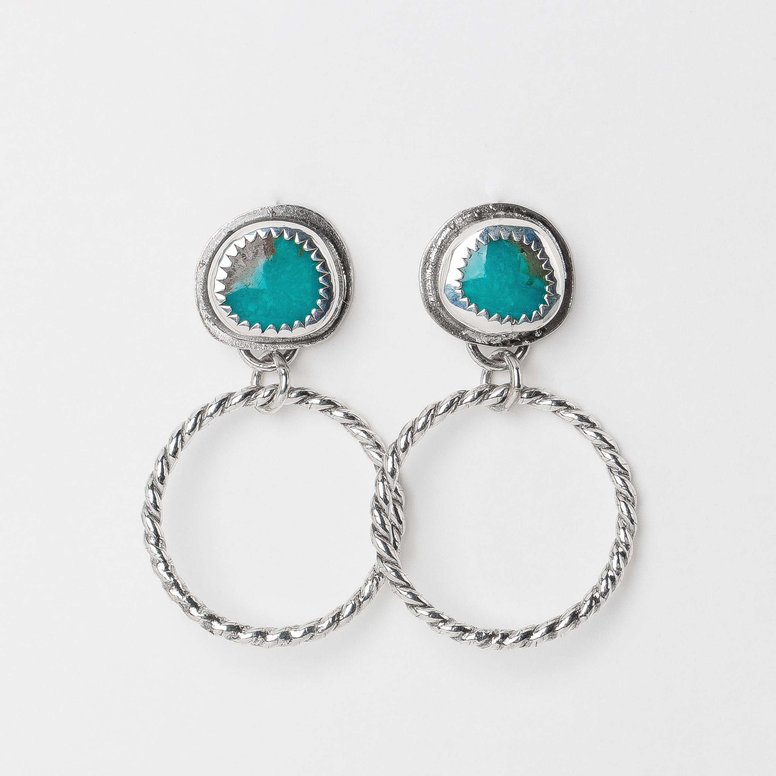 Lilah Earrings | Blue Kingman Turquoise Earrings With Twisted Rope Hoops & Threaded Screw On Posts | Big 925 Sterling Silver Boho Stud Post