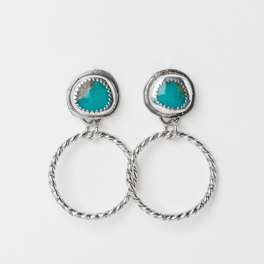 Lilah Earrings | Blue Kingman Turquoise Earrings With Twisted Rope Hoops & Threaded Screw On Posts | Big 925 Sterling Silver Boho Stud Post