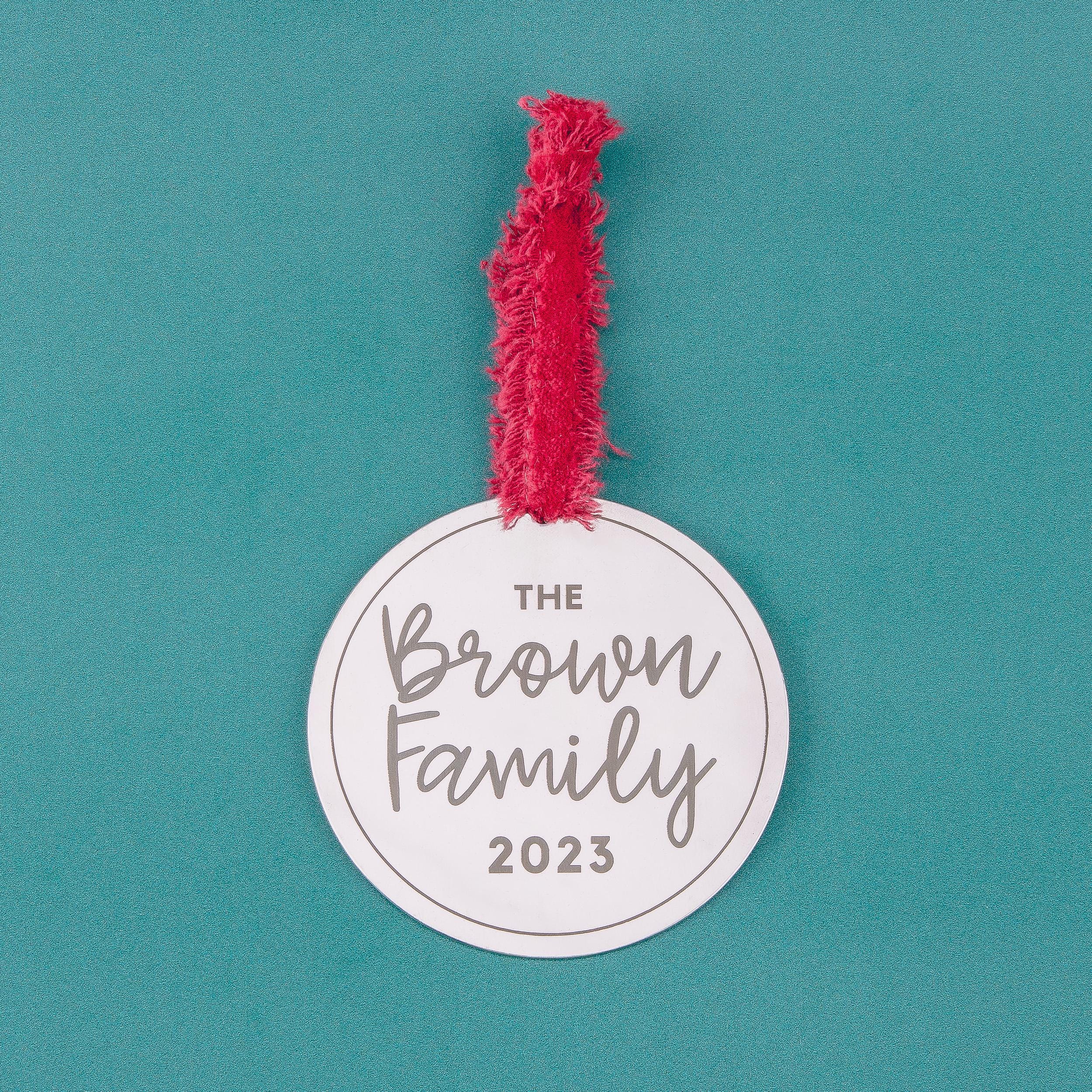 Personalized Family Christmas Ornament | Gift for Newlyweds | Custom Name & Date Holiday Decoration | Modern Brushed Stainless Steel Bauble