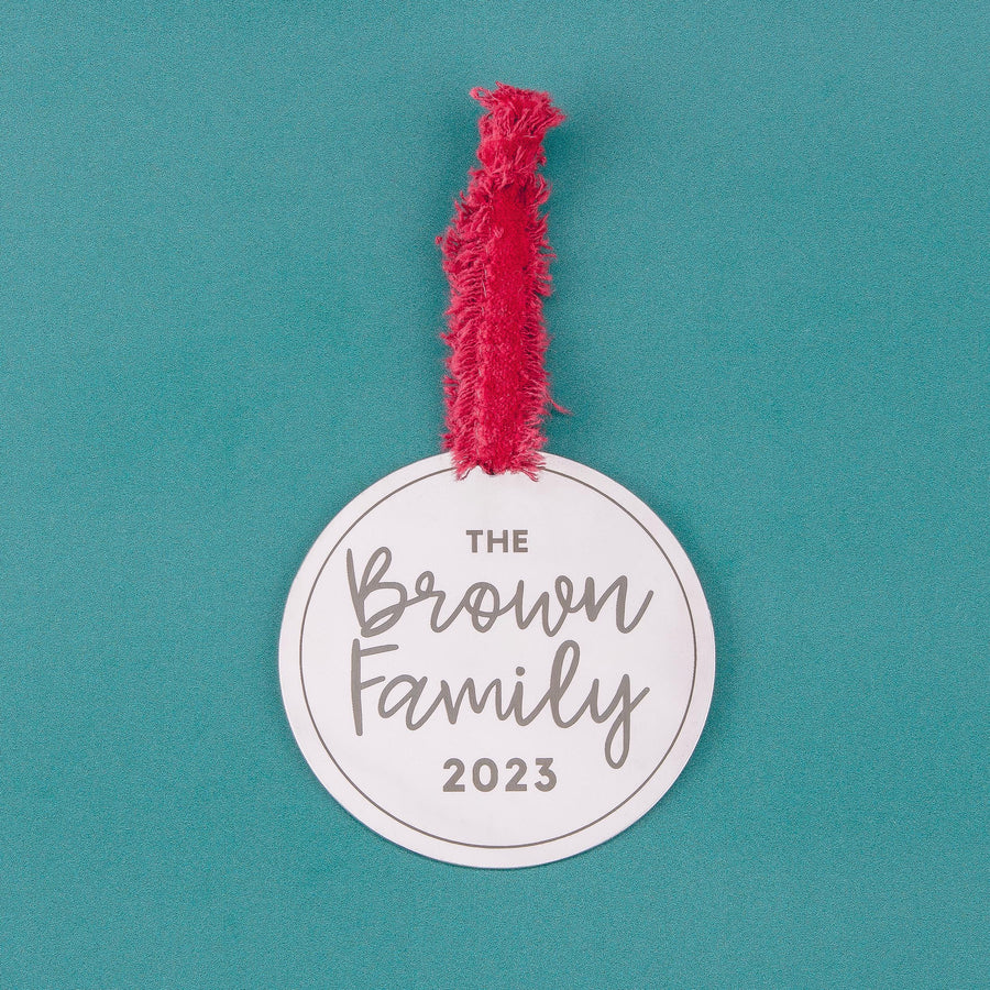Personalized Family Christmas Ornament | Gift for Newlyweds | Custom Name & Date Holiday Decoration | Modern Brushed Stainless Steel Bauble