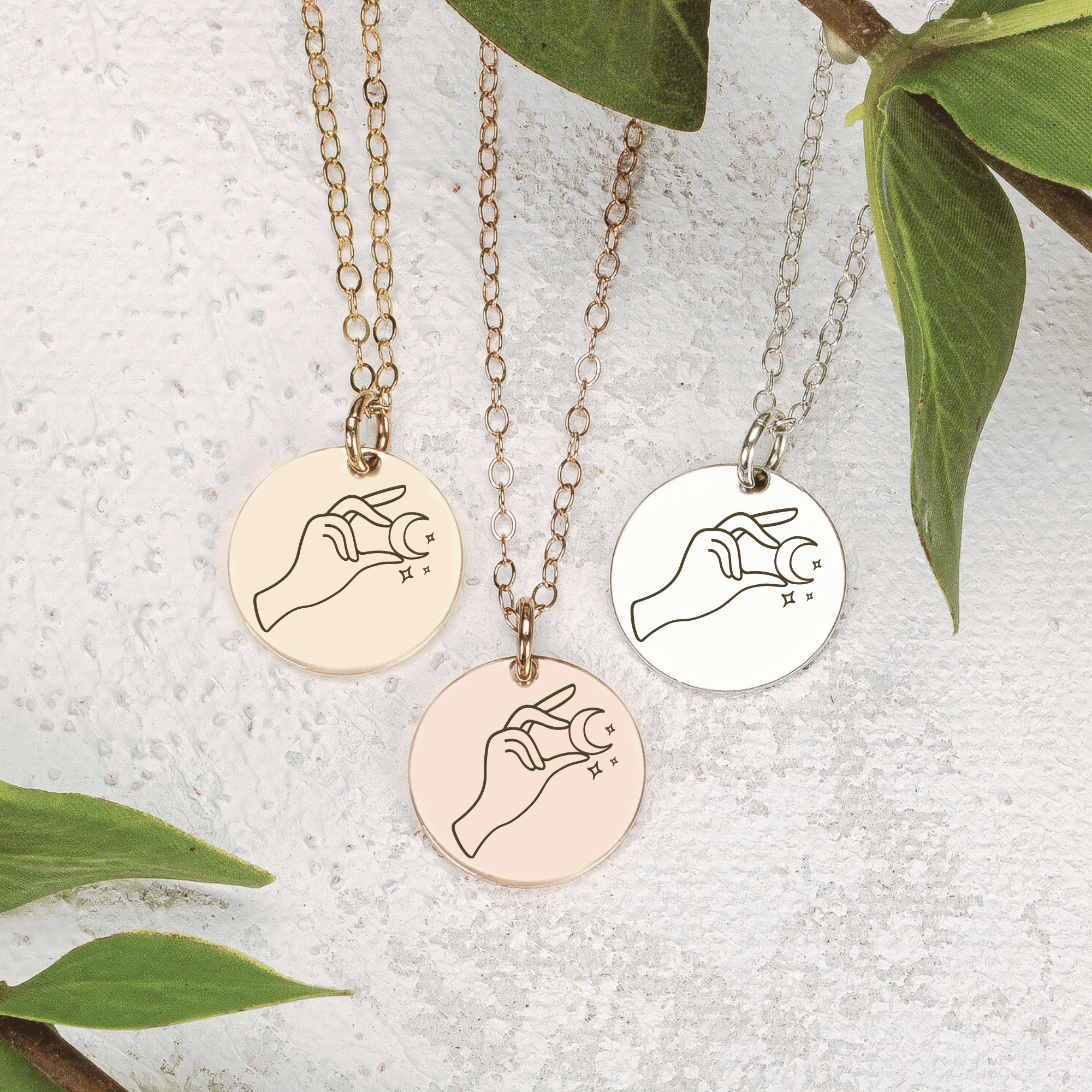 Lady of The Moon Engraved Disc Necklace in Silver, Gold, or Rose Gold | Small Round Circle Boho Bohemian Hippy Gypsy Jewelry for Women