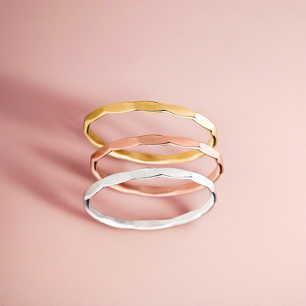 Trio of Mirror Stacking Rings | Set of 3 Mixed Metal 1mm Skinny Hammered Texture Rings | Comfort Fit USA Sizes 4-12