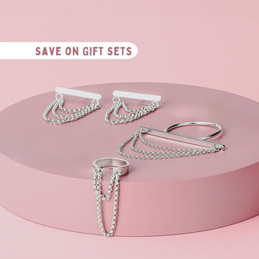 Athena Gift Set | Earrings, Ring & Ear Cuff | Linear Sterling Silver Long Bar Line Rectangle Jewelry with Layered Chains | Gift for Her