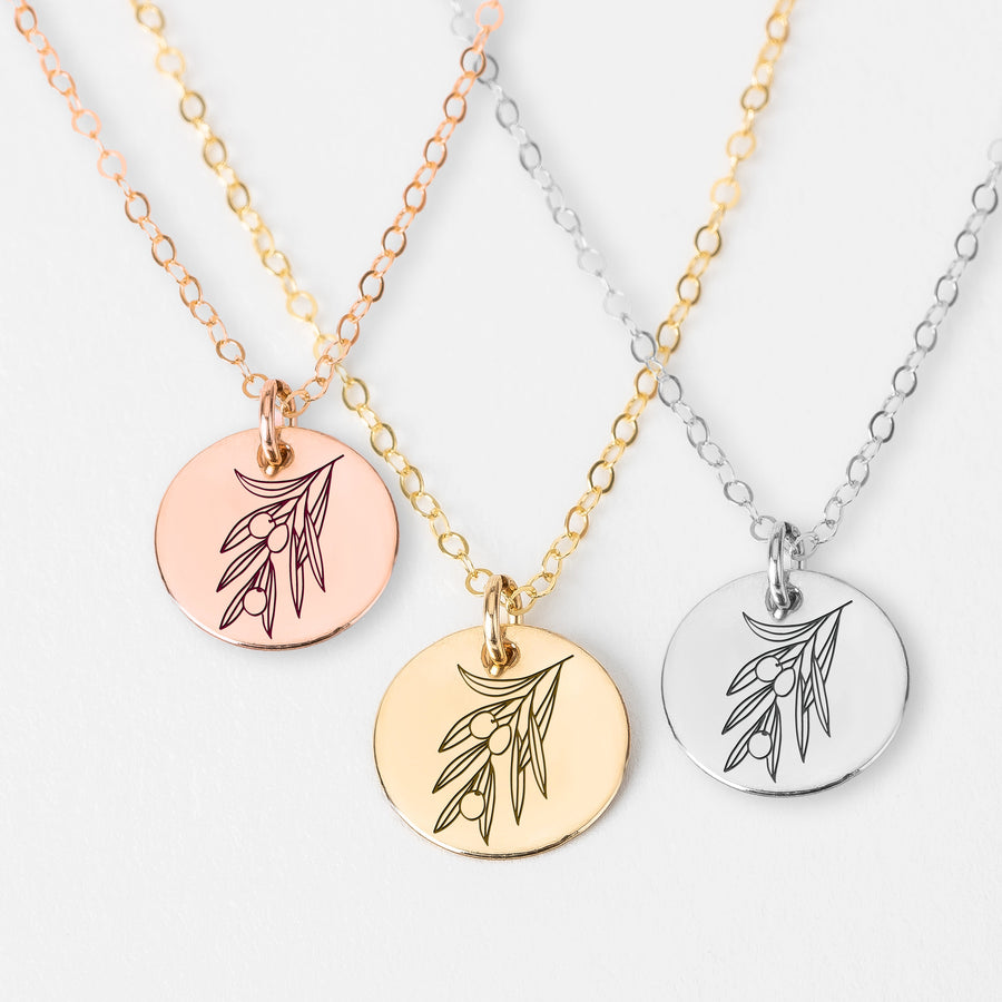 Olive Branch Disc Necklace | Engraved Circle Necklace in Silver, Gold or Rose Gold | Floral Olive Tree Twig Branch Peace Friendship Pendant