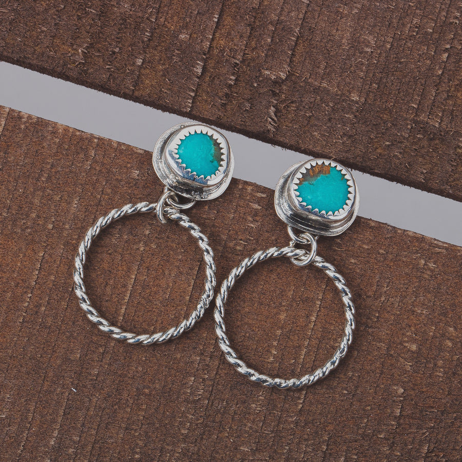 Lilah Earrings | Blue Kingman Turquoise Earrings With Twisted Rope Hoops & Threaded Screw On Posts | Big 925 Sterling Silver Boho Stud Post