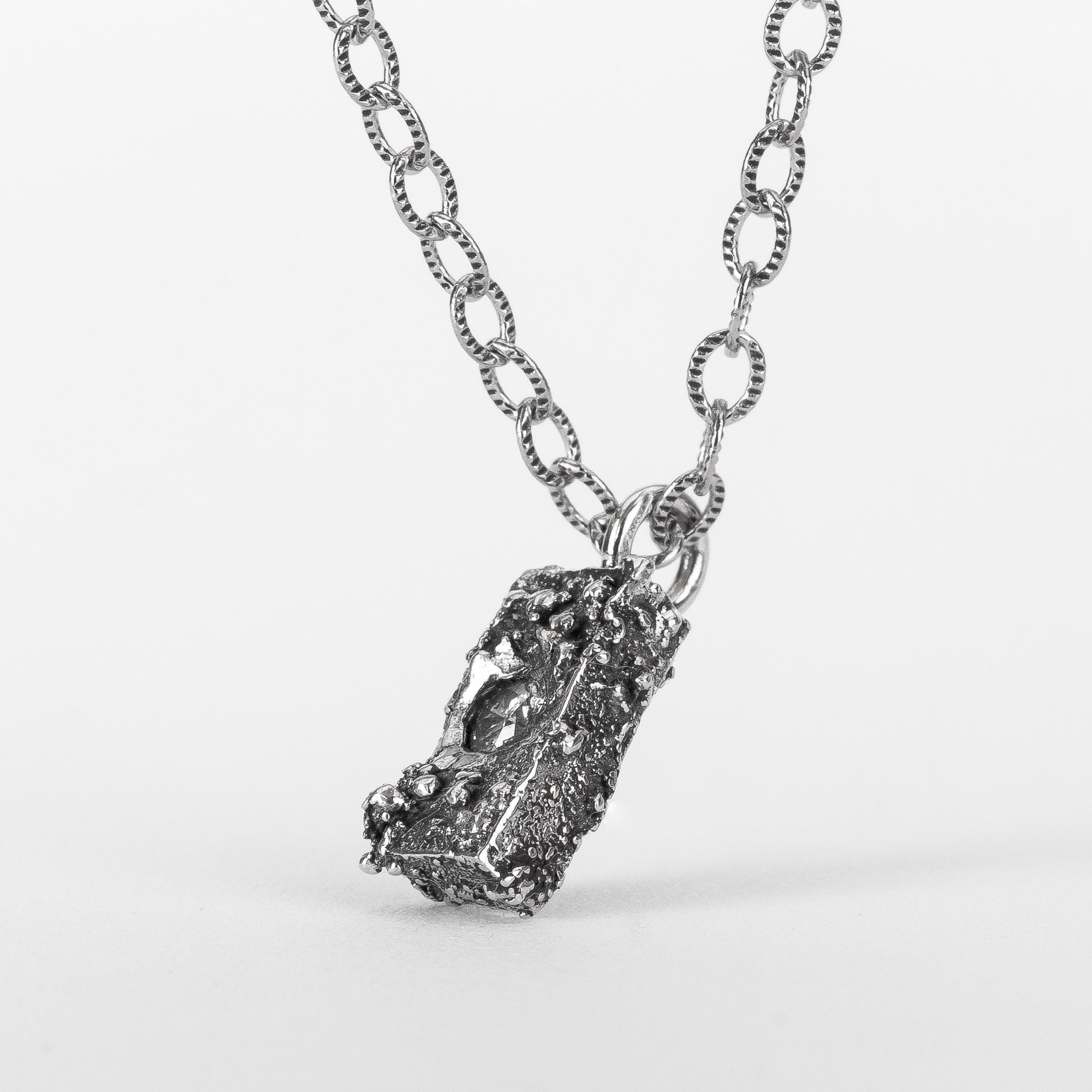 Silvermist Diamond Rugged Textured Brick Necklace | Tiny Small Little Rectangle Cube 925 Sterling Silver Diamond Necklace Pendant