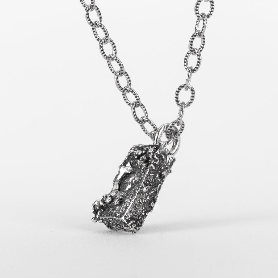 Silvermist Diamond Rugged Textured Brick Necklace | Tiny Small Little Rectangle Cube 925 Sterling Silver Diamond Necklace Pendant