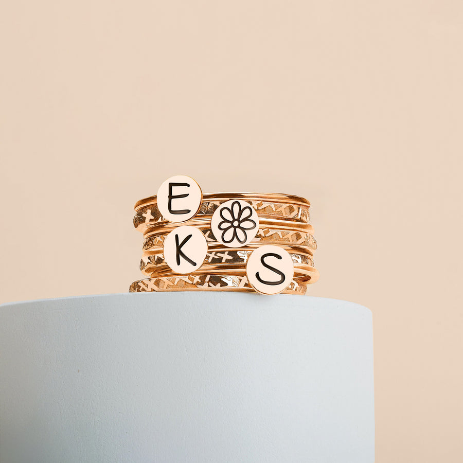 Stackable Initial Rings | Personalized Letter Monogram Stacking Family Rings | 4 Initials, 8 Ring Set | Gold, Silver Or Rose Gold