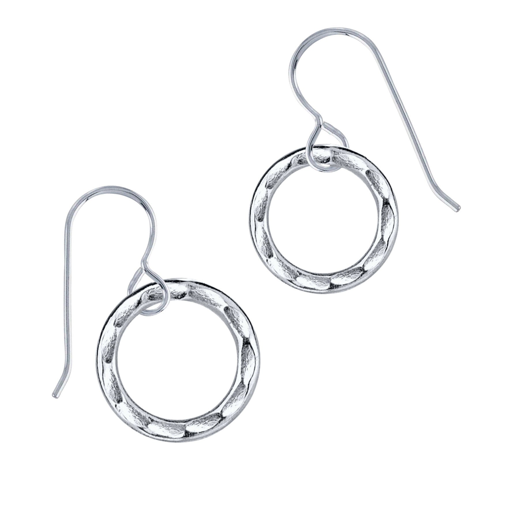 Small Sterling Silver Hammered Open Circle Dangle Drop Earrings | Minimalist Jewelry for Women & Girls | Tiny Geometric Round Halo Earrings