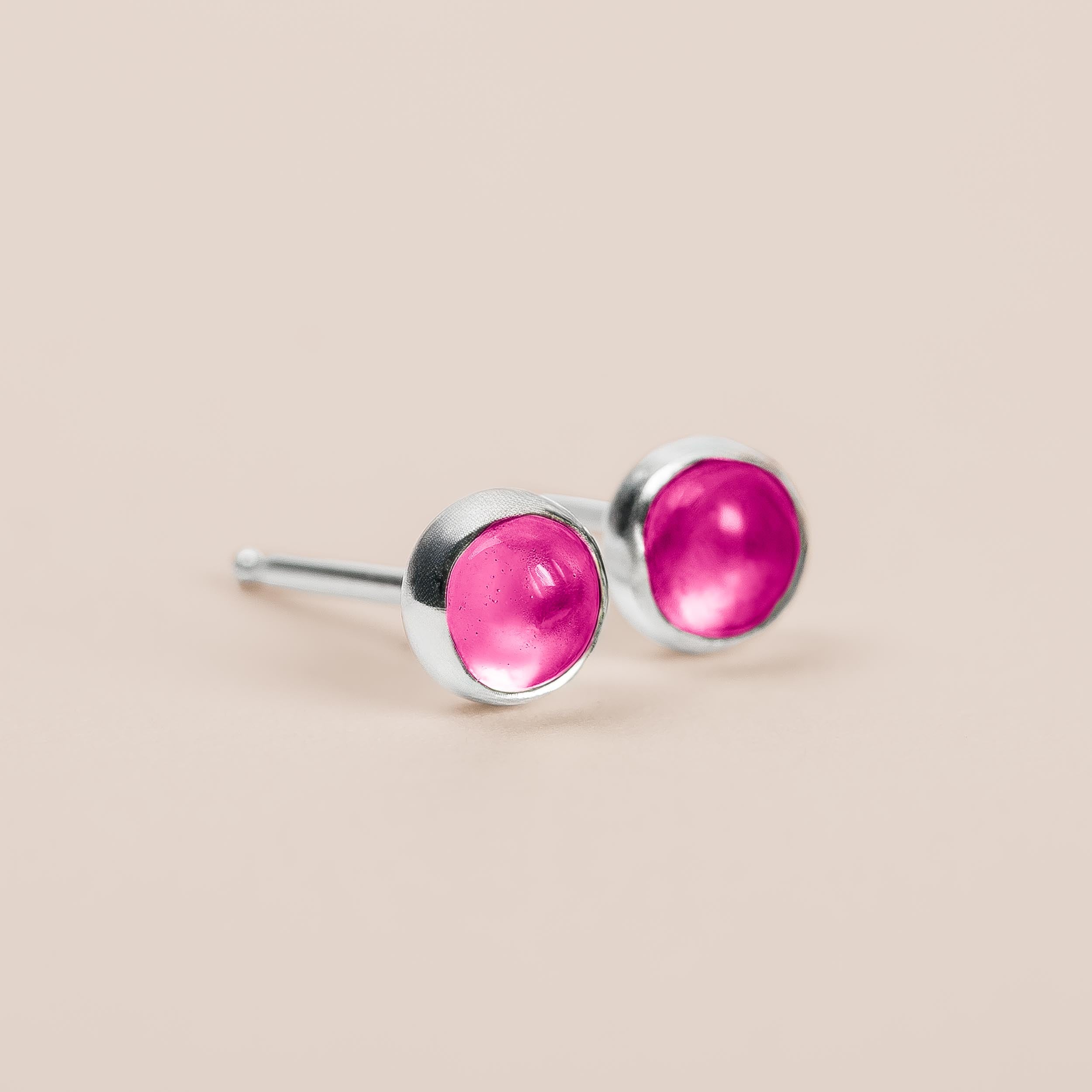 Ruby Gemstone Stud Earrings | Sterling Silver Hot Pink Round Circle Post Earrings