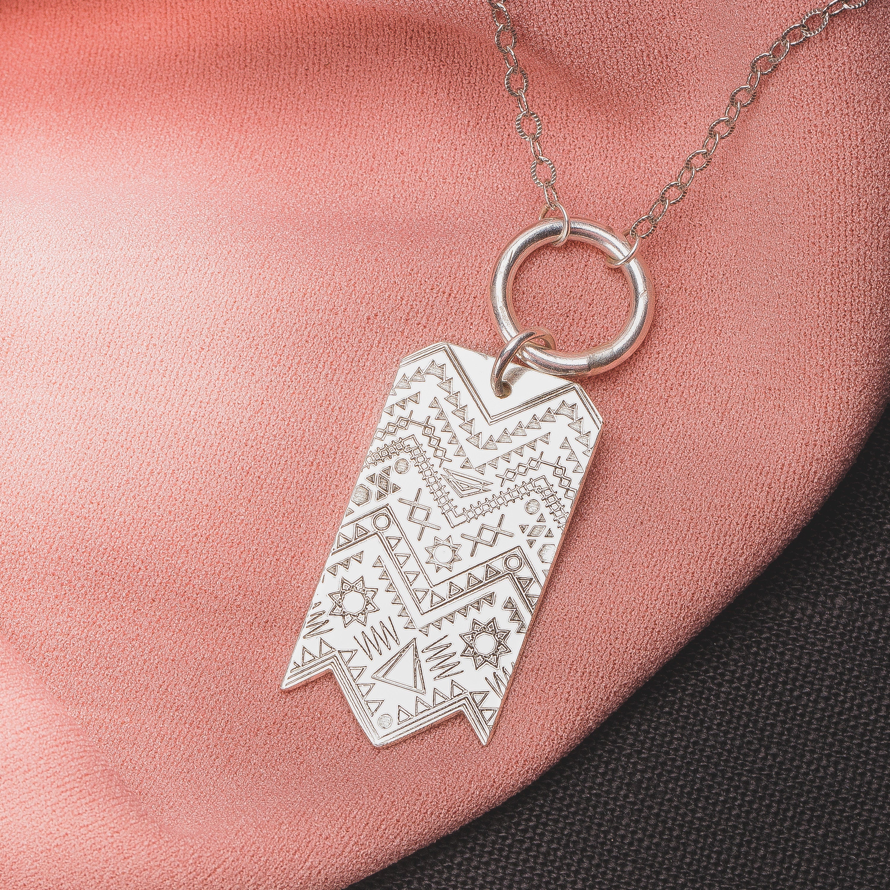 Signature MGJ Aztec Pattern Streamer Necklace In Sterling Silver | Long Southwestern Bohemian Boho Tribal Pendant | Sweater Necklace