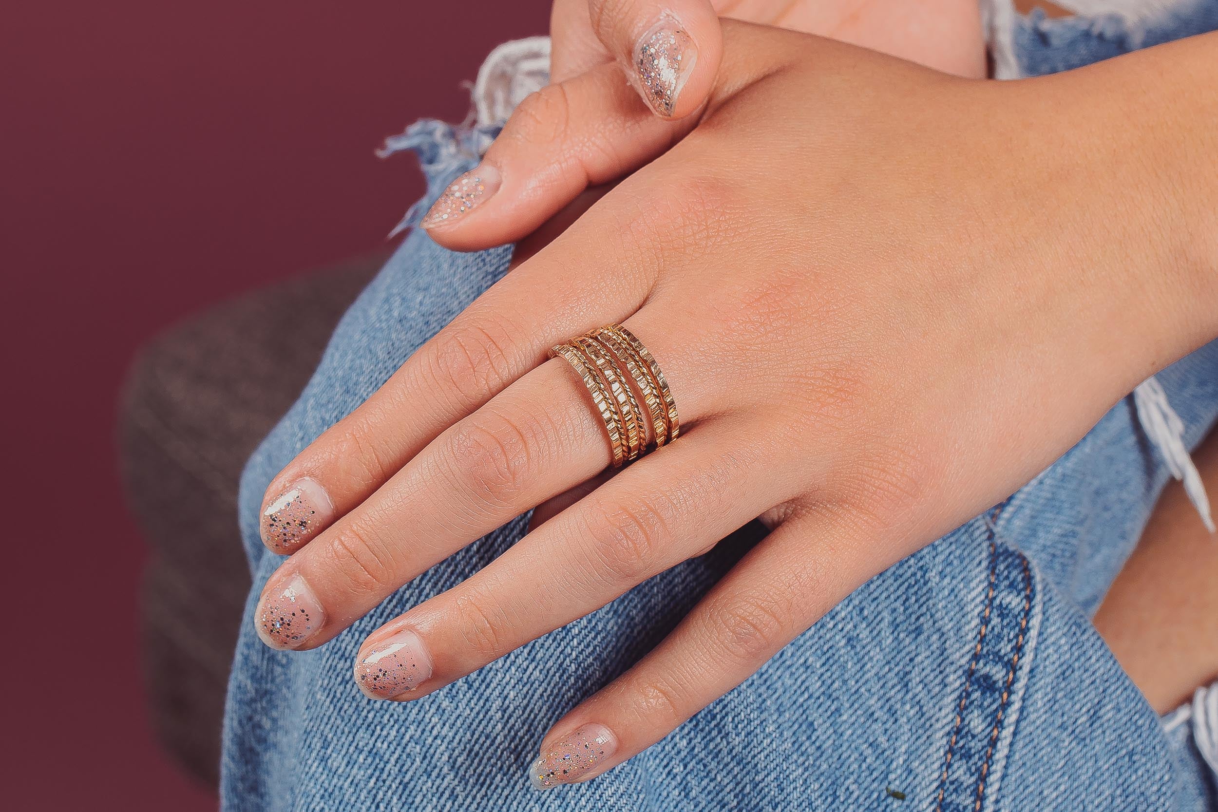 The Margo Stack | Set of 7 Rugged and Twist Stacking Rings | Gold, Rose Or Silver Mixed Hammered Stacking Stackable Stack Rings